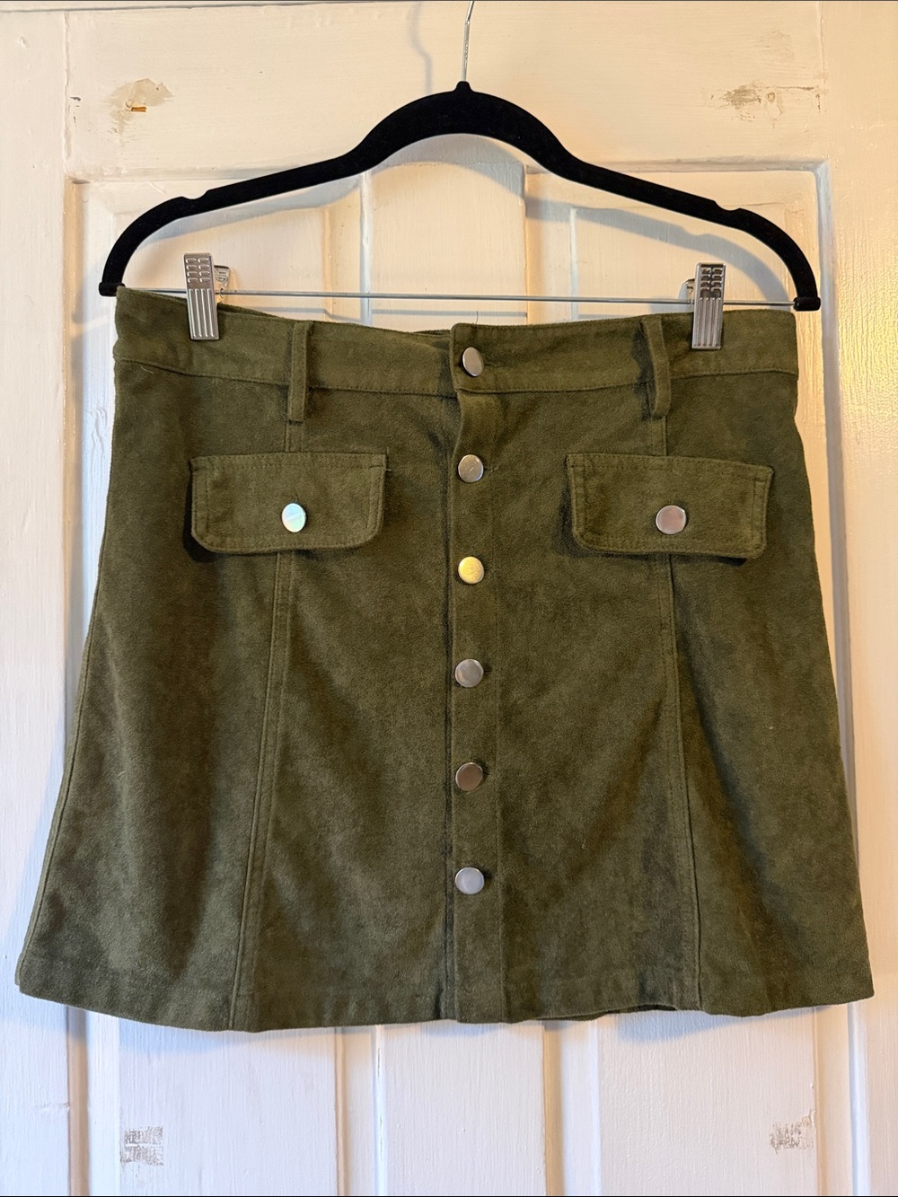 She + Sky Olive Green Button-Front Suede Mini Skirt